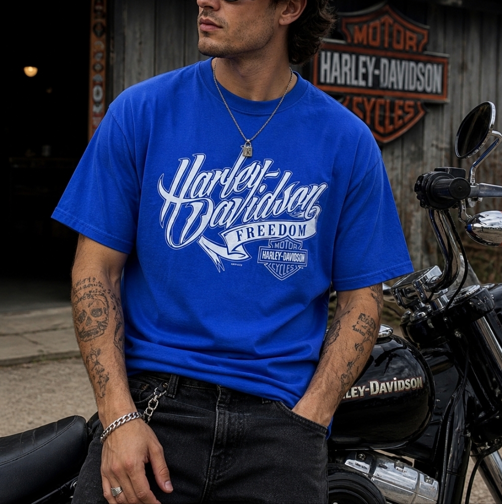Harley-Davidson Men’s XL Blue Graphic T-Shirt Freedom Logo Biker Motorcycle Tee